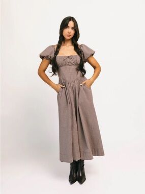 Zora midi dress Smocked Square-Neck Midi Dress in Taupe